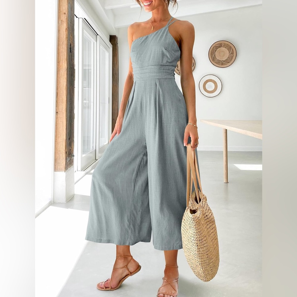 One Shoulder Pleated High Waist Casual Wide Leg Jumpsuit Romper (with pockets!)